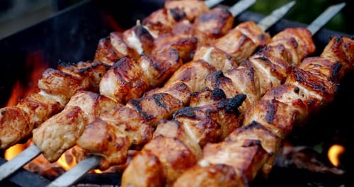 Grilled Meat Skewers Roasting Over an Open Flame