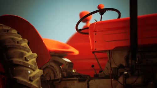 Vintage Red Tractor Engine and Wheel Close-Up Animation