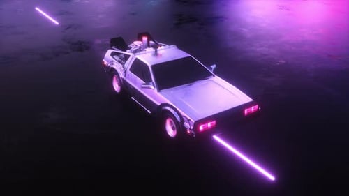 Cyber Car Delorean Riding With Glowing Neon Lights Futuristic Background