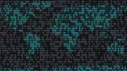 Binary code. Zeros and ones in the form of a map of the world.