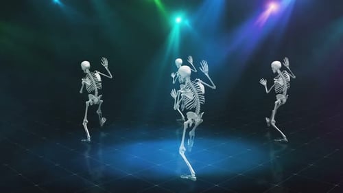 Three Dancing Skeletons Performing under Party Lights
