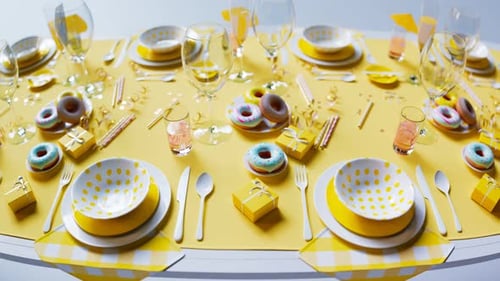 Cheerful tableware. Dinner set at the birthday reception. Party time.Celebration