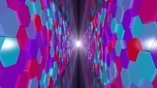 Endless Hexagon Tunnel Walls Hallway Corridor with Reflective Path - 4K