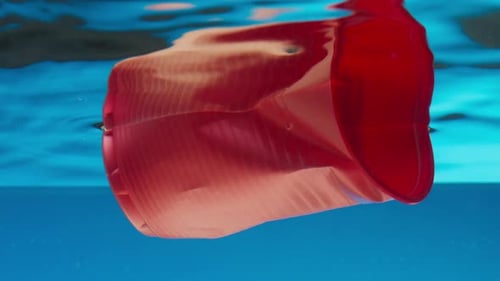 Plastic Trash Red Glass Floating in Ocean Water Pollution Concept