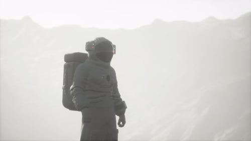 Futuristic Astronaut Exploring Alien Planet in Misty Landscape