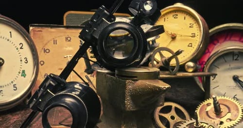 Workshop watchmaker with clock mechanism viewed through magnifying glass.