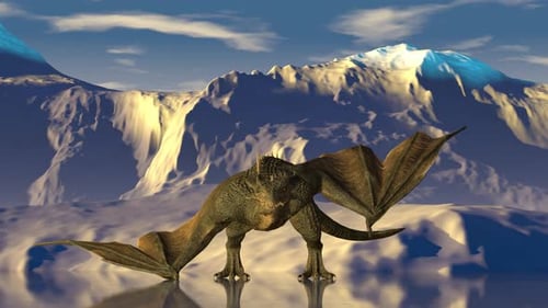 Realistic Dragon Breathes Fire in the Background of Snowy