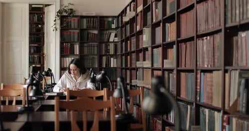 Wide Shot of Girl Studying in Library