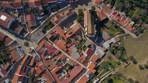 Aerial View of Elvas Cityscape with Brownish Tiled Roofs White Buildings in Sunny Day Portugal