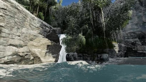 Waterfall in the middle of the forest when it's snowing