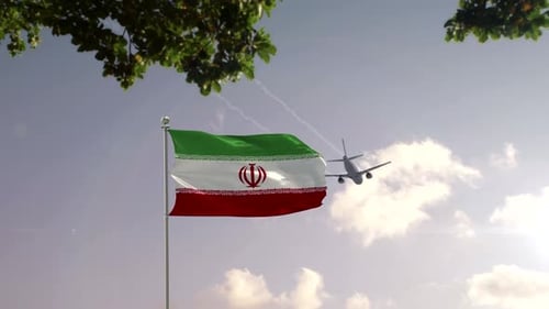 Waving Flag of Iran with Airplane Flying Over Modern Cityscape