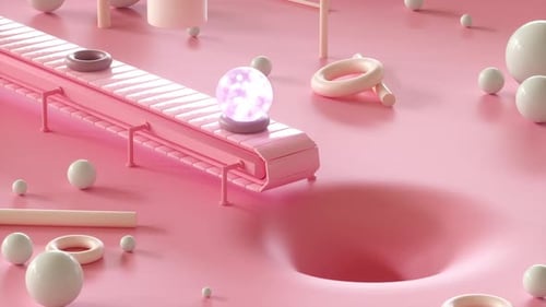 Maschine lässt Gelkugeln auf Ringe fallen, die sich auf dem Förderband in Richtung Loch im rosa Raum bewegen. ASMR