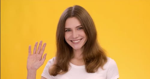Begrüßungsgeste. Studioporträt einer süßen jungen Frau, die Hallo zur Kamera winkt und lächelt