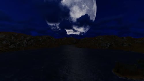 Full Moon with Moving Clouds over Lake at Night