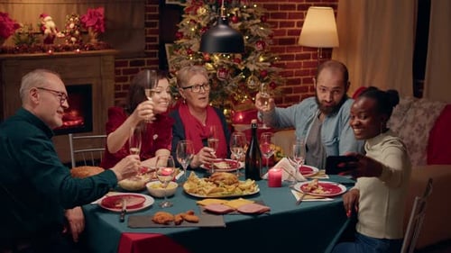 Family Celebrates Christmas with Champagne Toast and Selfie