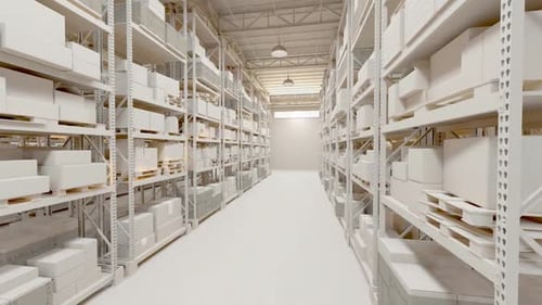 Walk through the warehouse alley with endless packages amount. Loopable. HD