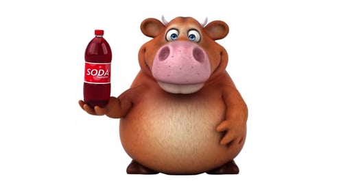 Animated 3D Cow Character Holding Soda Bottle with Idea