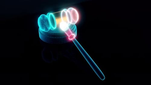 Futuristic Digital Gavel and Block Hologram Spin