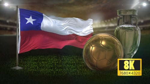 Waving Chile Flag with Golden Football and Silver Trophy