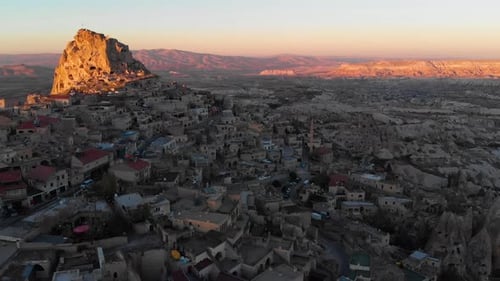 Aerial view to Uçhisar fortress in Goreme Cappadocia, Turkey