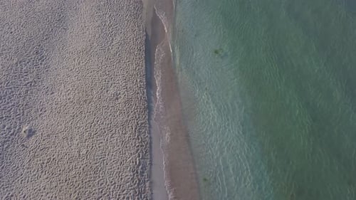 Aerial Drone View of a Beautiful Beach and Sea Water on Sunrise with Man Walking on the Beach