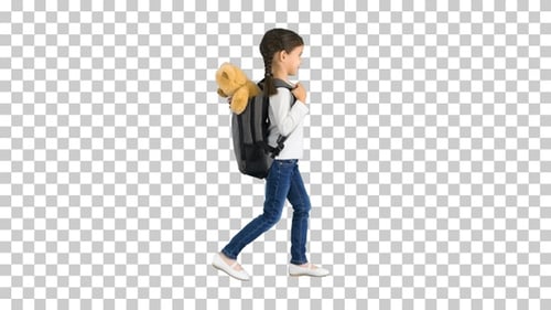 Cute little girl walking to school with, Alpha Channel