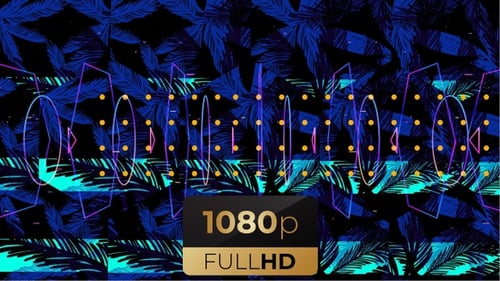 Retro Synthwave Glitch Animation with Neon Palm Trees and Audio Waveforms