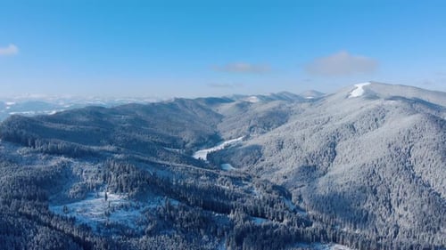 Scenic View Of Snowy Mountains With Pine Trees Against Blue Cloudy Sky