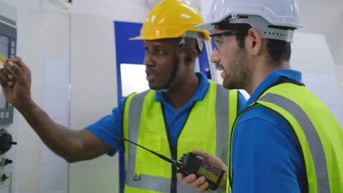 Two factory worker men discuss together about machine working in workplace area