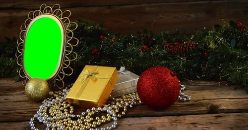 Christmas decoration and ornaments on wooden plank 4k