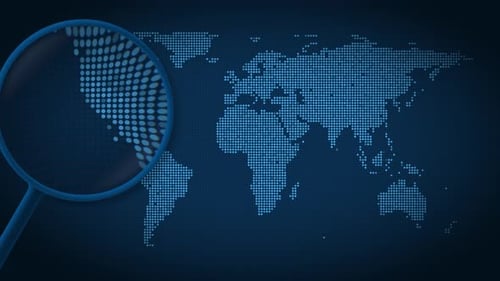 Digital World Map with Magnifying Glass Location Search Animation