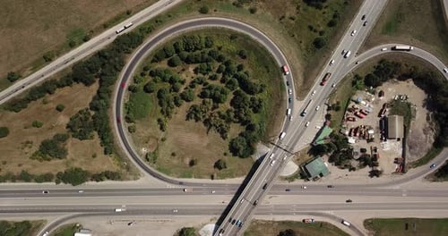 Top Down Aerial View of Transportation Highway Overpass, Ringway, Roundabout