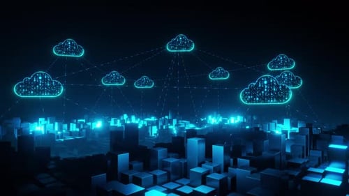 Massive data transmission through Cloud Computing. wire data connection network in city.