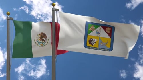 Realistic Waving Flags of Mexico and Sonora State Against Blue Sky