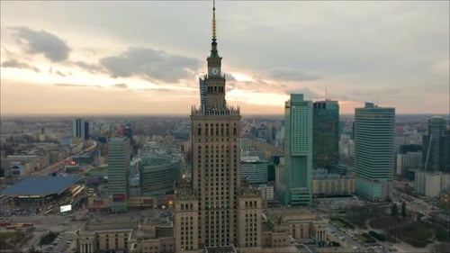 Aerial View of a Clock Tower of Palace of Culture and Science in Warsaw Poland