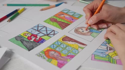 Artist Drawing Colorful Storyboard Illustrations