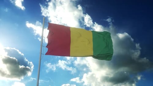 Guinea Flag Waving in Sunny Blue Sky