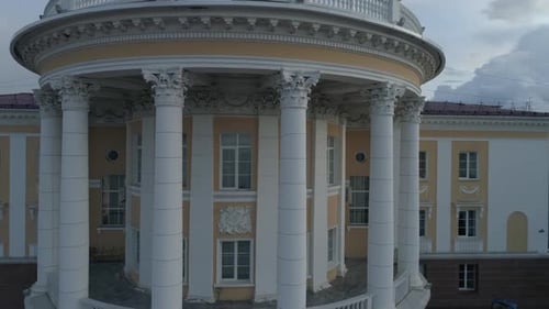 Aerial view of beautiful house of culture. Summer, evening. 25