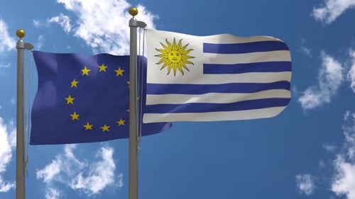 Waving European Union And Uruguay Flags