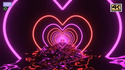 Glowing Neon Heart Tunnel with Fluid Reflective Surface