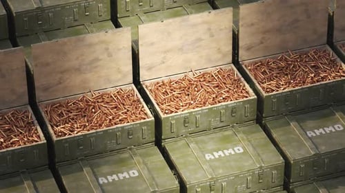Huge stack of military boxes filled with rifle ammunition. Endless animation. 4K