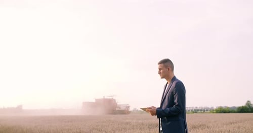 Man Using Tablet in Wheat Field During Harvest
