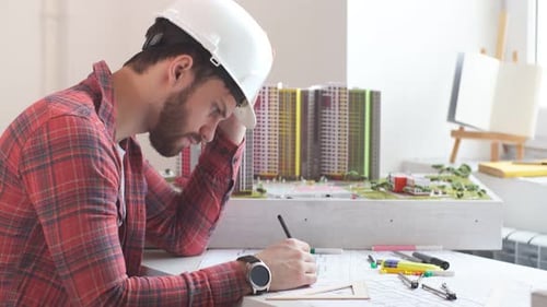 Professioneller Bauingenieur, der mit Dokumenten, Zeichnungen im Büro arbeitet.