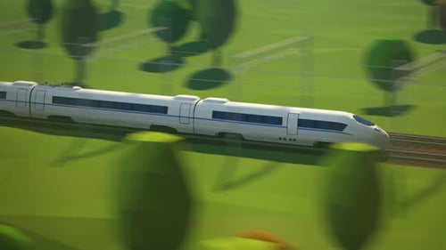 Stylized High-Speed Train Journey Through Green Landscape