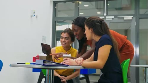Businesswomen talking and using laptop
