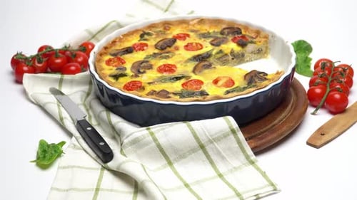 Baked Homemade Quiche Pie in Ceramic Baking Form