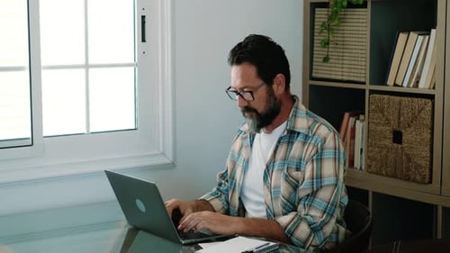 Adult businessman man work at home in office remote workers and smart working day professional job