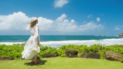 Slow Motion Woman in White Dress at Ocean Wind Blowing Beautiful Dress Slowmo Slow Motion Woman in White Dress at Ocean Wind Blowing Beautiful Dress Slowmo