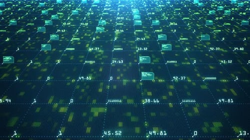 Abstract Digital Grid Background with Flowing Data and Binary Code