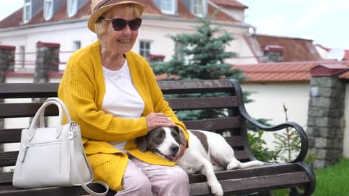Smiling Senior Grandmother Sitting With Dog Outdoors